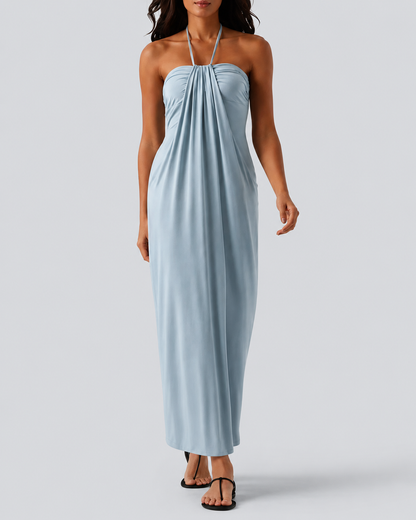 Halter Neck Maxi Dress with Adjustable Tie Back and Side Pockets
