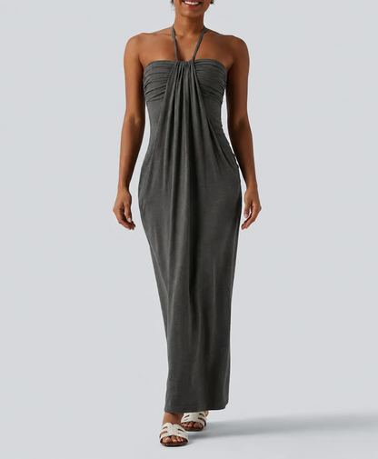 Halter Neck Maxi Dress with Adjustable Tie Back and Side Pockets