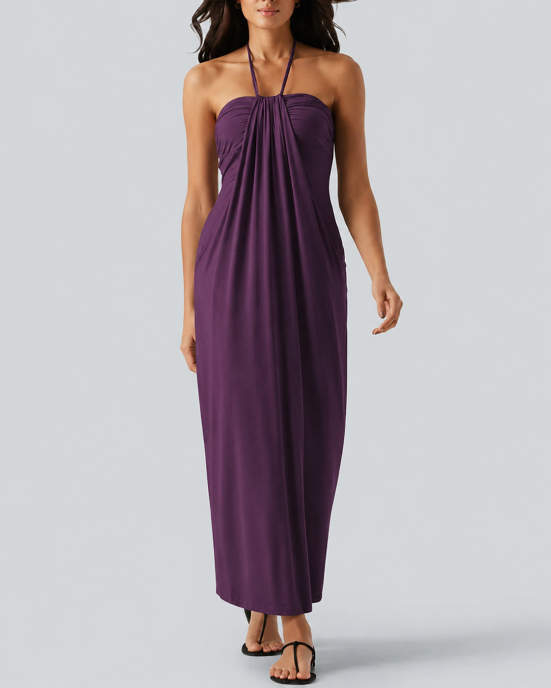 Halter Neck Maxi Dress with Adjustable Tie Back and Side Pockets