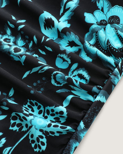 Two-Piece Floral Print Ruched Mesh Swimsuit, Sarong