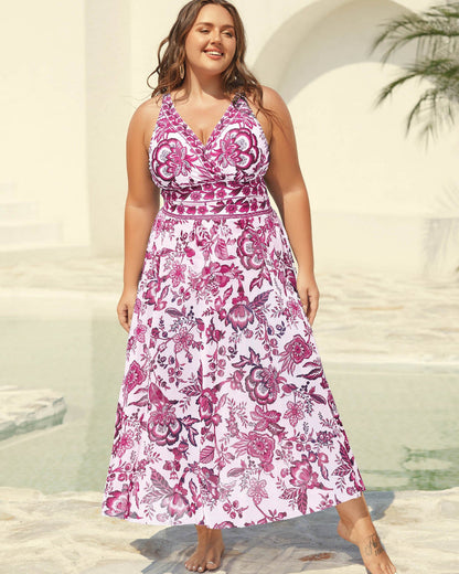 Two-Piece Floral Print Ruched Mesh Swimsuit, Sarong