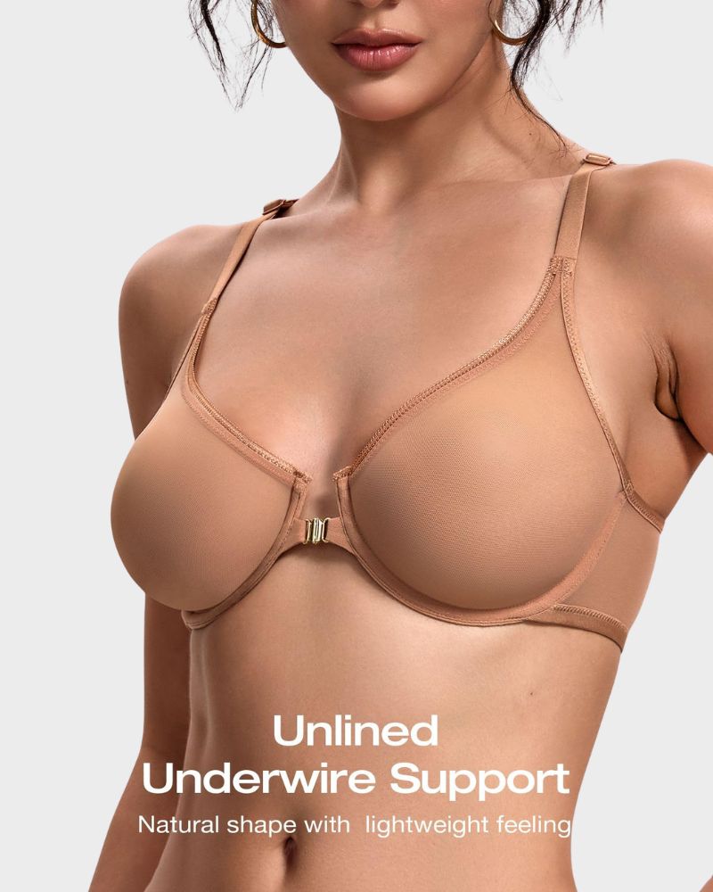 Front-Closure Mesh Plunge Racerback Underwire Bra
