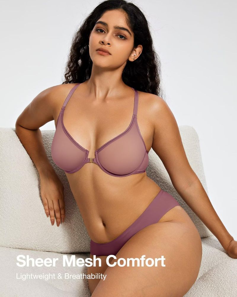 Front-Closure Mesh Plunge Racerback Underwire Bra