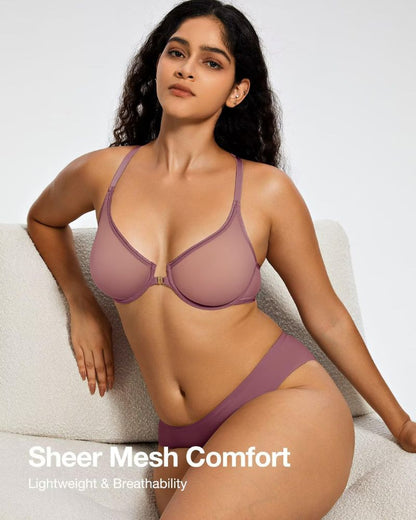 Front-Closure Mesh Plunge Racerback Underwire Bra