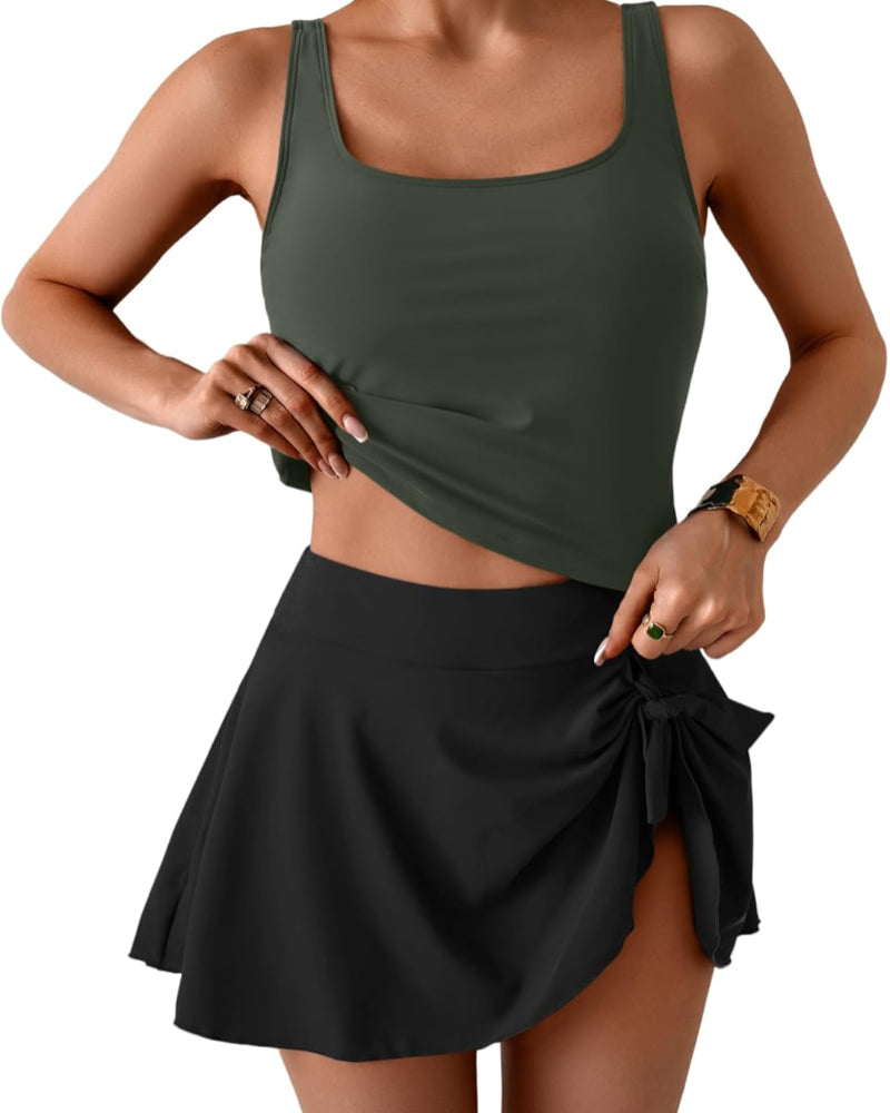 Women’s High-Waist Tank and Skirt Swim Set with Figure-Smoothing Design