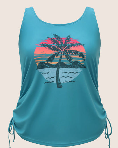 Island Print Drawstring Adjustable Swim Top