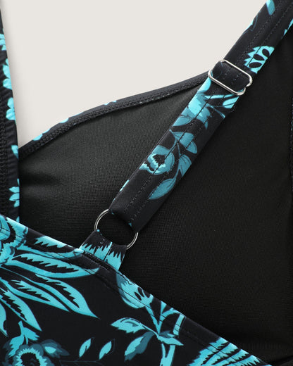 Two-Piece Floral Print Ruched Mesh Swimsuit, Sarong