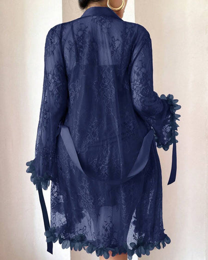 Plus size Lace Cami Nightgown & Floral Lace Trim Wide Sleeve Sheer Robe