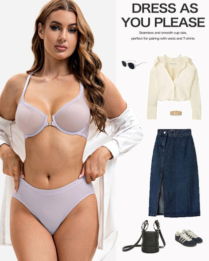 Front-Closure Mesh Plunge Racerback Underwire Bra