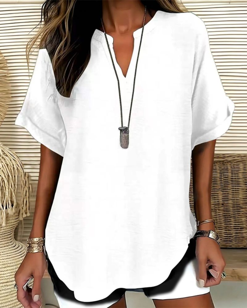 Relaxed V-Neck Short Sleeve Blouse