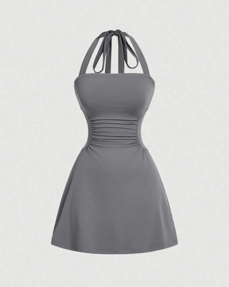 Ruched Tie-Back Halter A-Line Dress