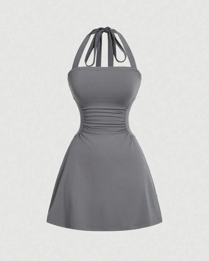 Ruched Tie-Back Halter A-Line Dress