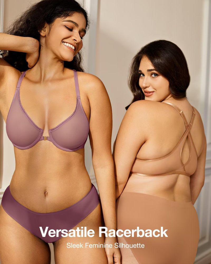 Front-Closure Mesh Plunge Racerback Underwire Bra