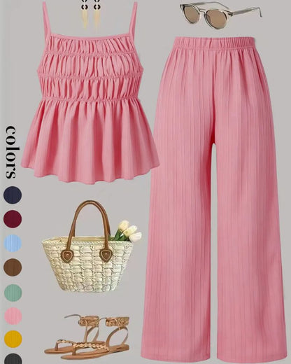 Solid Color Cami Top & Wide-Leg Pants Two-Piece Set