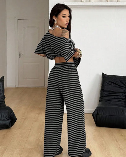 Striped Off-Shoulder Wide-Leg Two-Piece Set