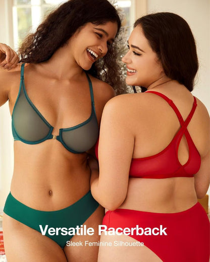 Front-Closure Mesh Plunge Racerback Underwire Bra