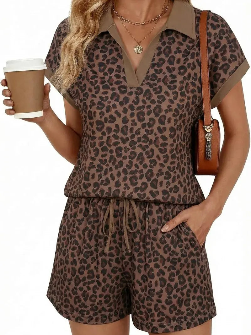 Leopard Print V-Neck Cap Sleeve 2-Piece Lounge Set