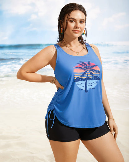 Island Print Drawstring Adjustable Swim Top
