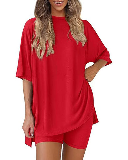 Casual 2-Piece Loungewear Set Oversized Split Hem Top & Fitted Shorts