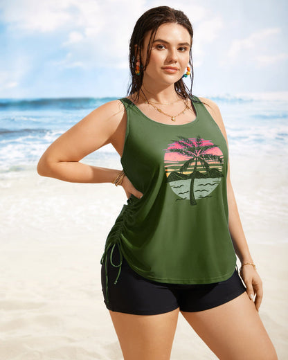 Island Print Drawstring Adjustable Swim Top