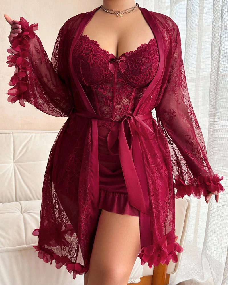 Plus size Lace Cami Nightgown & Floral Lace Trim Wide Sleeve Sheer Robe