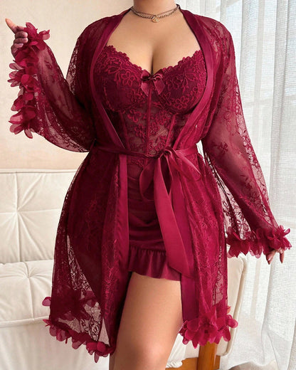 Plus size Lace Cami Nightgown & Floral Lace Trim Wide Sleeve Sheer Robe