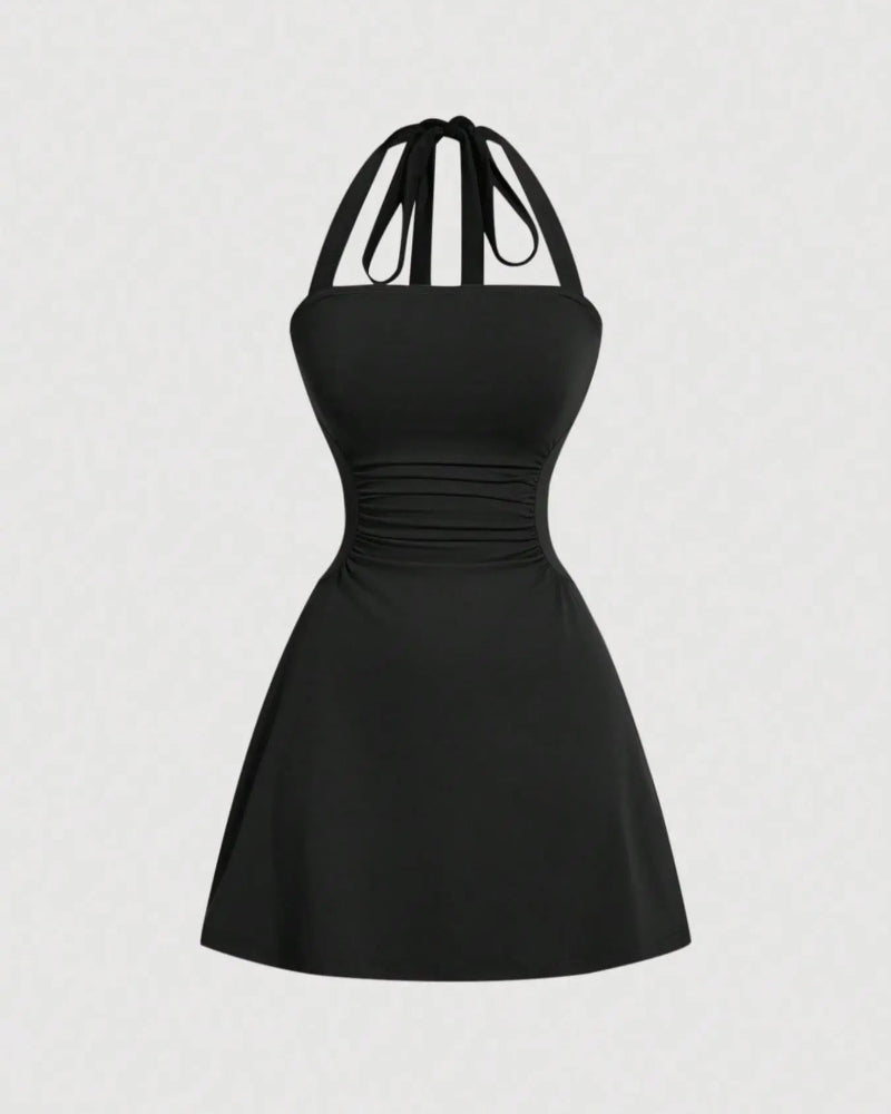 Ruched Tie-Back Halter A-Line Dress