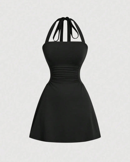 Ruched Tie-Back Halter A-Line Dress