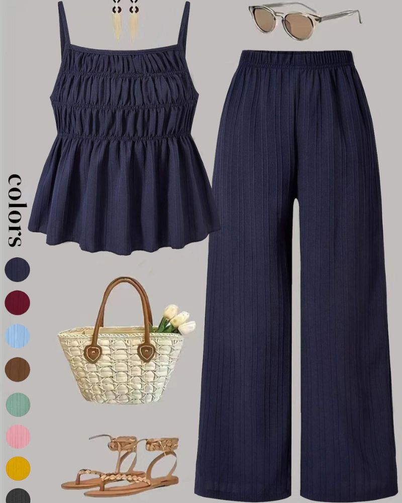 Solid Color Cami Top & Wide-Leg Pants Two-Piece Set