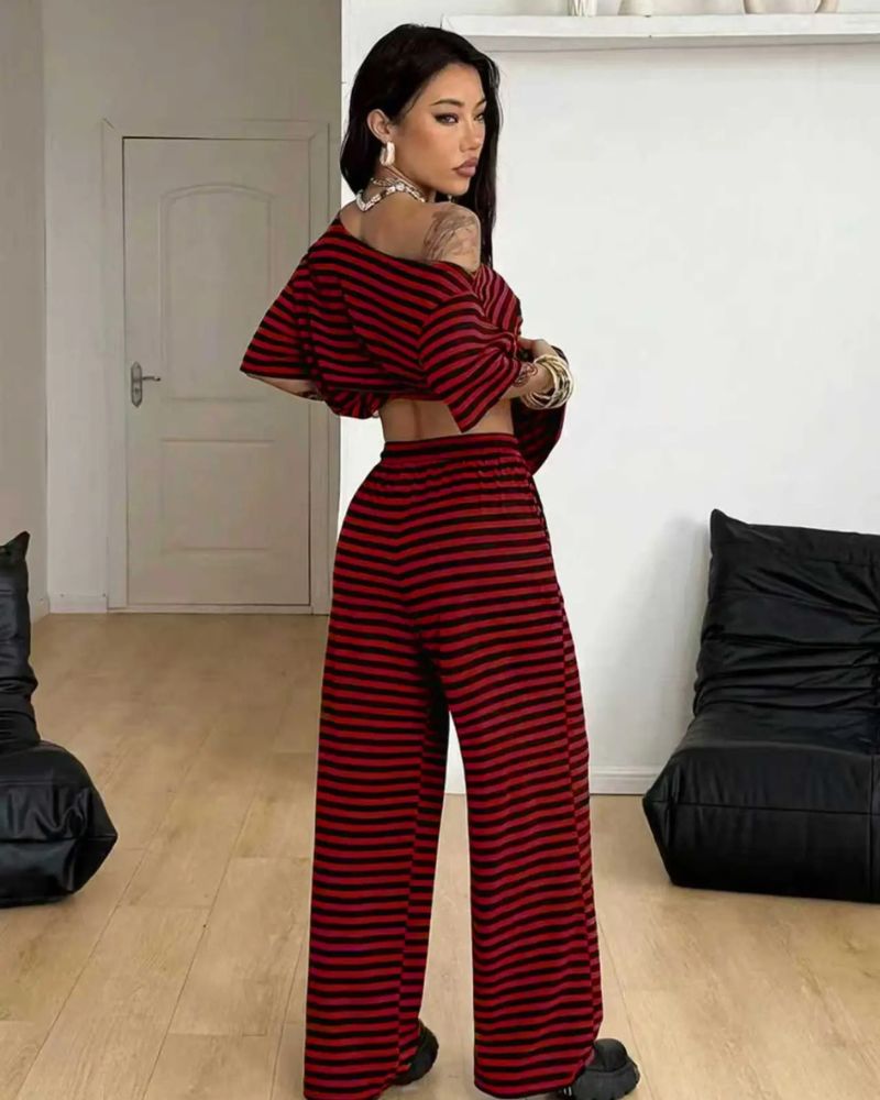 Striped Off-Shoulder Wide-Leg Two-Piece Set