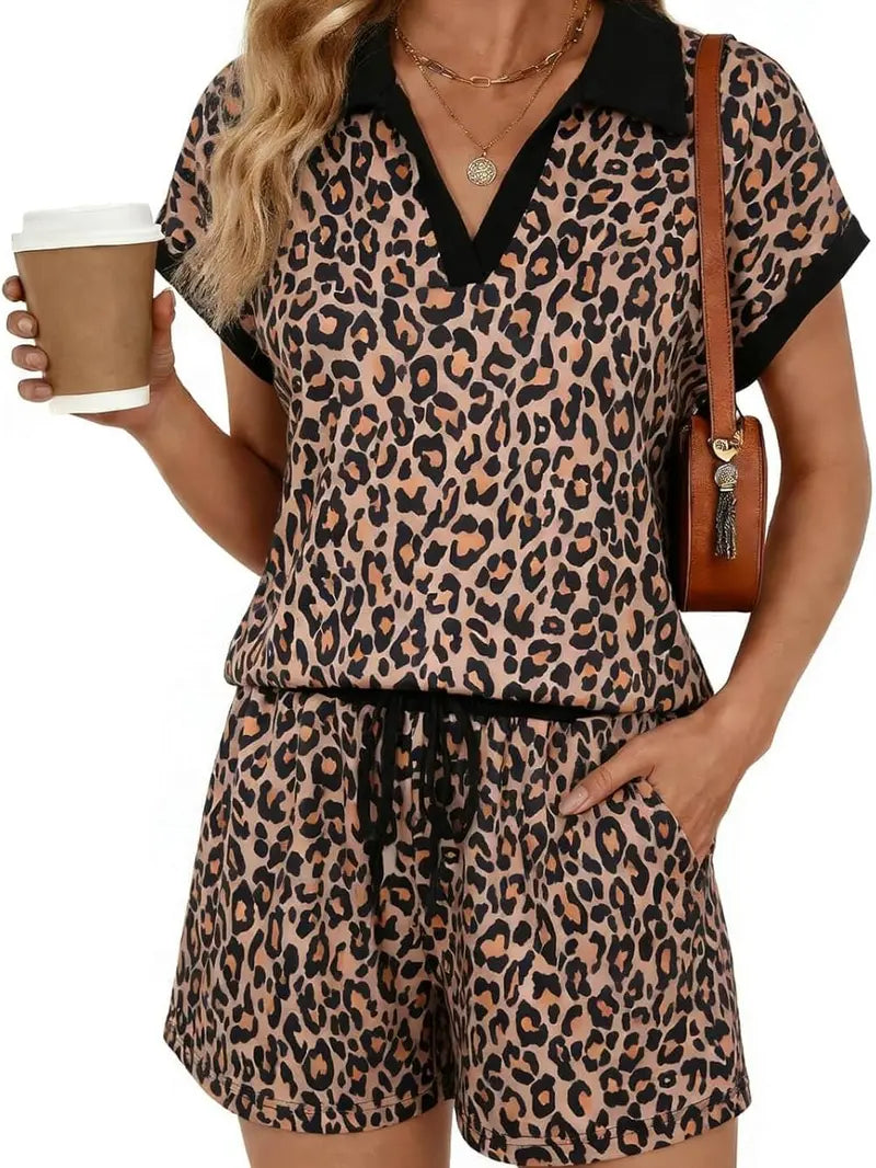 Leopard Print V-Neck Cap Sleeve 2-Piece Lounge Set