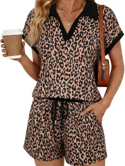 Leopard Print V-Neck Cap Sleeve 2-Piece Lounge Set