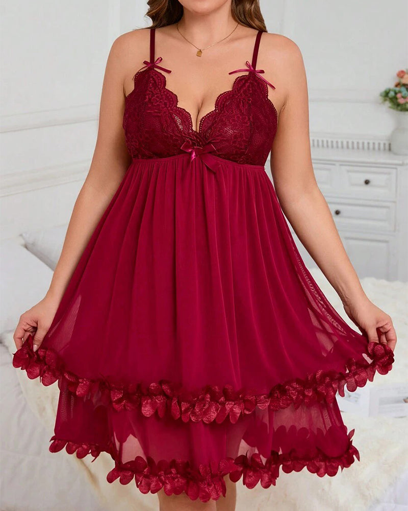 Sexy Plus Size 3D Floral Lace Sheer Camisole Nightdress