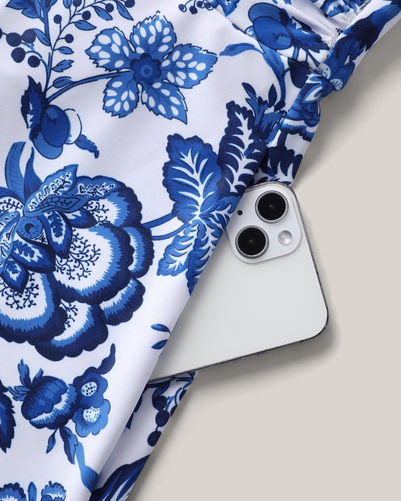 Boho Print Ruched Pockets Swim Dress