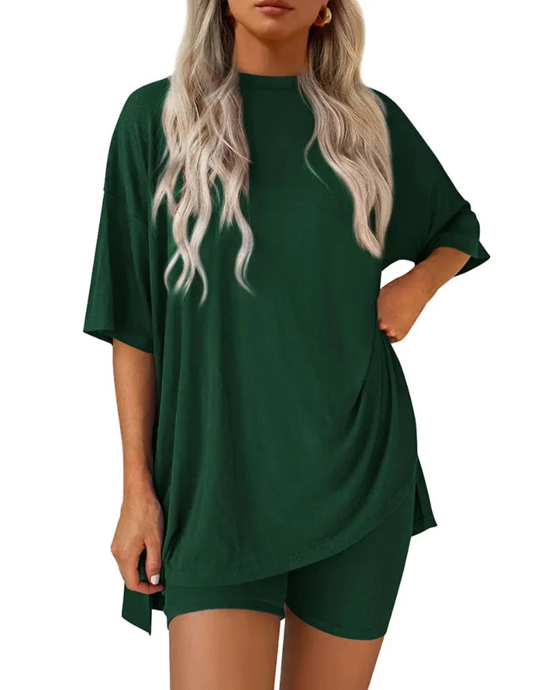 Casual 2-Piece Loungewear Set Oversized Split Hem Top & Fitted Shorts