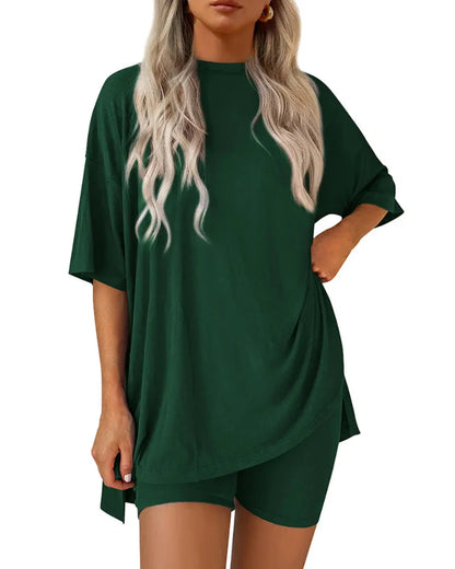 Casual 2-Piece Loungewear Set Oversized Split Hem Top & Fitted Shorts
