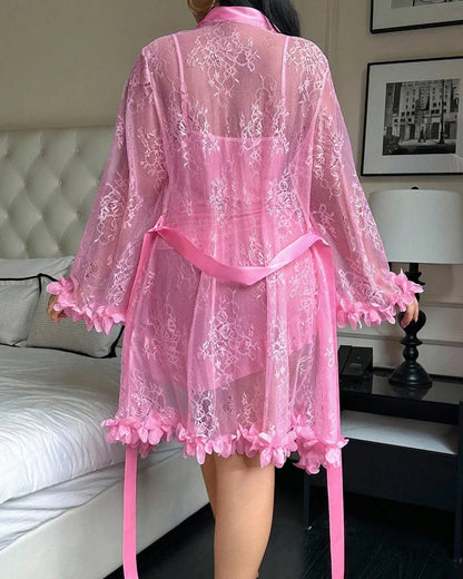 Plus size Lace Cami Nightgown & Floral Lace Trim Wide Sleeve Sheer Robe