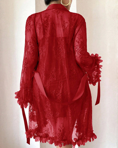 Plus size Lace Cami Nightgown & Floral Lace Trim Wide Sleeve Sheer Robe