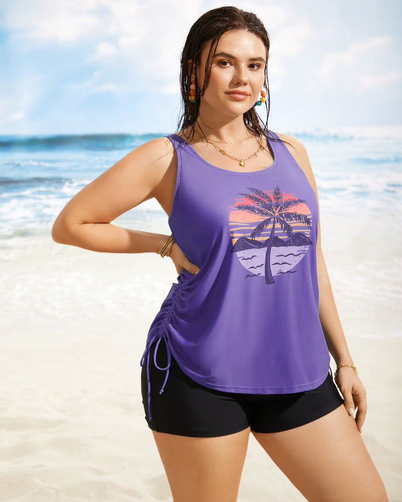 Island Print Drawstring Adjustable Swim Top