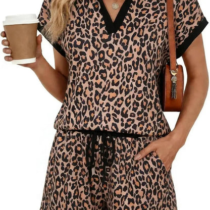 Leopard Print V-Neck Cap Sleeve 2-Piece Lounge Set
