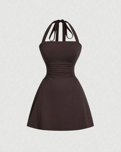 Ruched Tie-Back Halter A-Line Dress