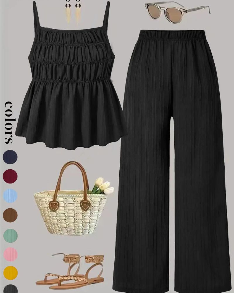 Solid Color Cami Top & Wide-Leg Pants Two-Piece Set