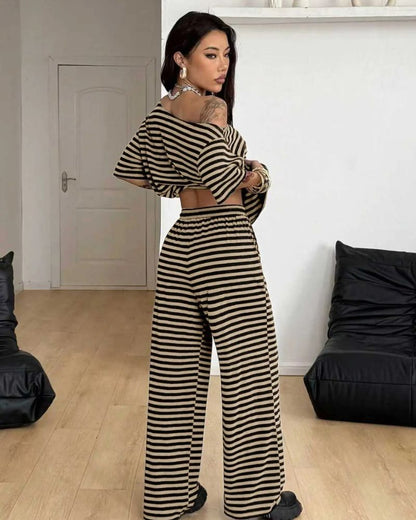 Striped Off-Shoulder Wide-Leg Two-Piece Set