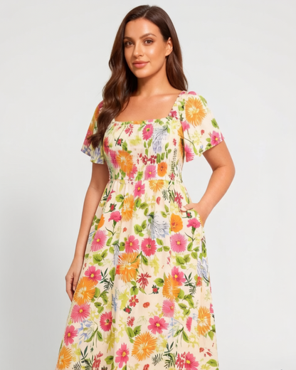 Floral Smocked Square Neck Midi Dress with Pockets