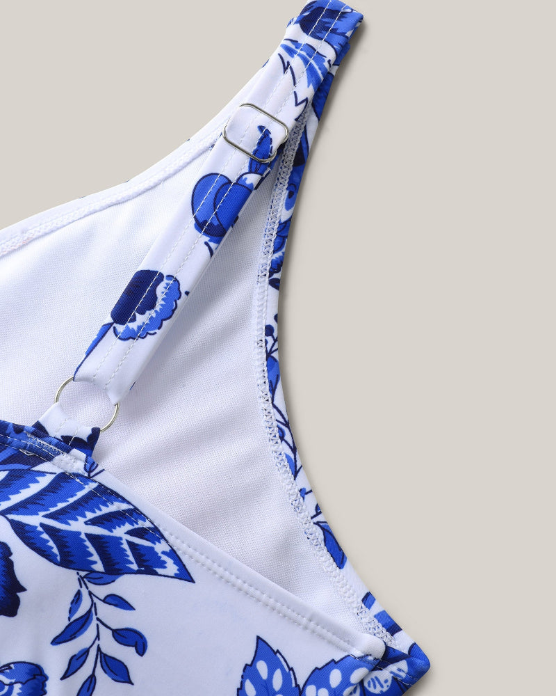 Two-Piece Floral Print Ruched Mesh Swimsuit, Sarong
