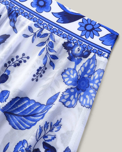 Two-Piece Floral Print Ruched Mesh Swimsuit, Sarong