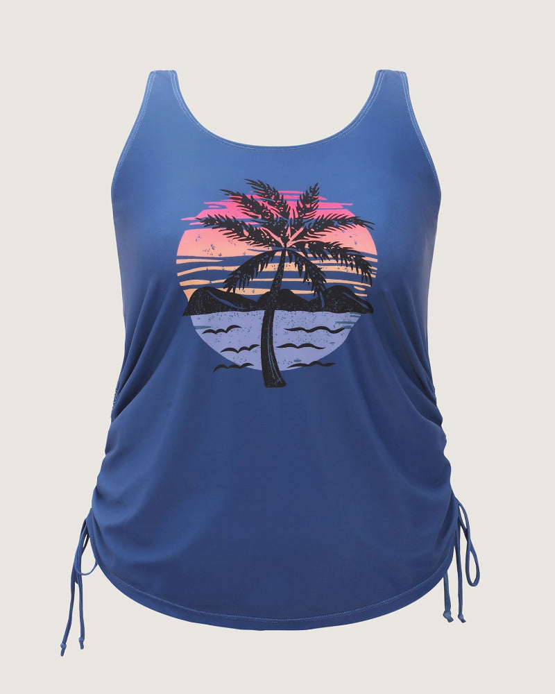 Island Print Drawstring Adjustable Swim Top