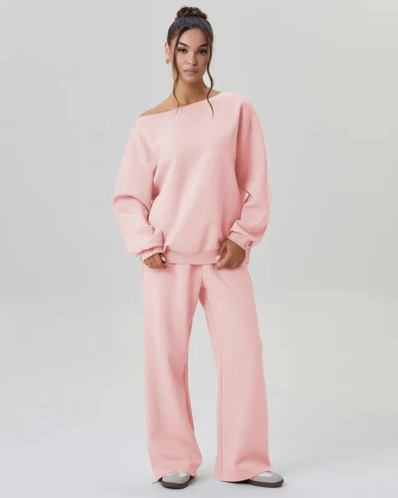 Women’s Cozy Two-Piece Lounge Set – One-Shoulder Long Sleeve Top & Wide-Leg Pants