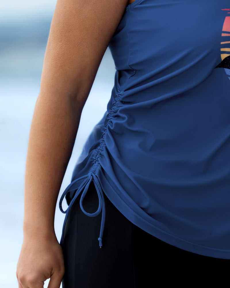 Island Print Drawstring Adjustable Swim Top