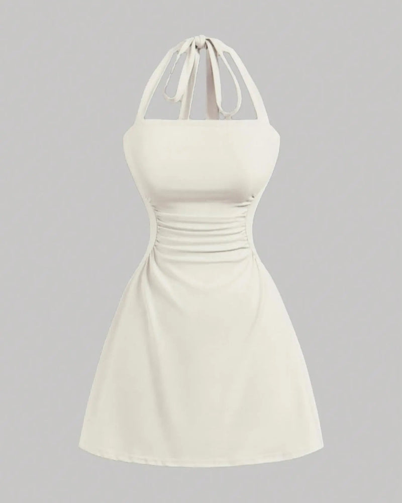 Ruched Tie-Back Halter A-Line Dress